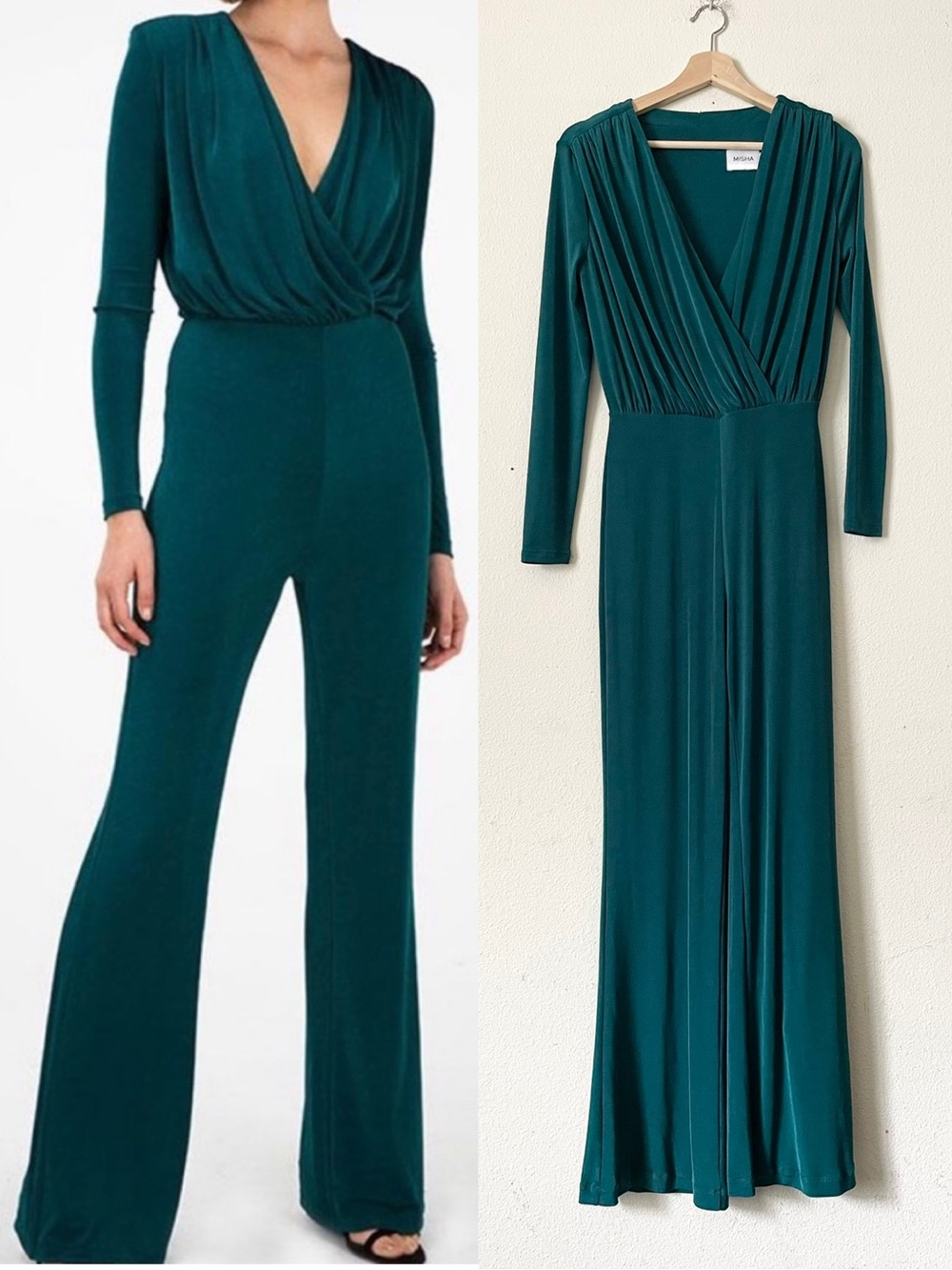 MISHA Collection SIZE 4 Atlantic emerald green long sleeve wide leg jumpsuit